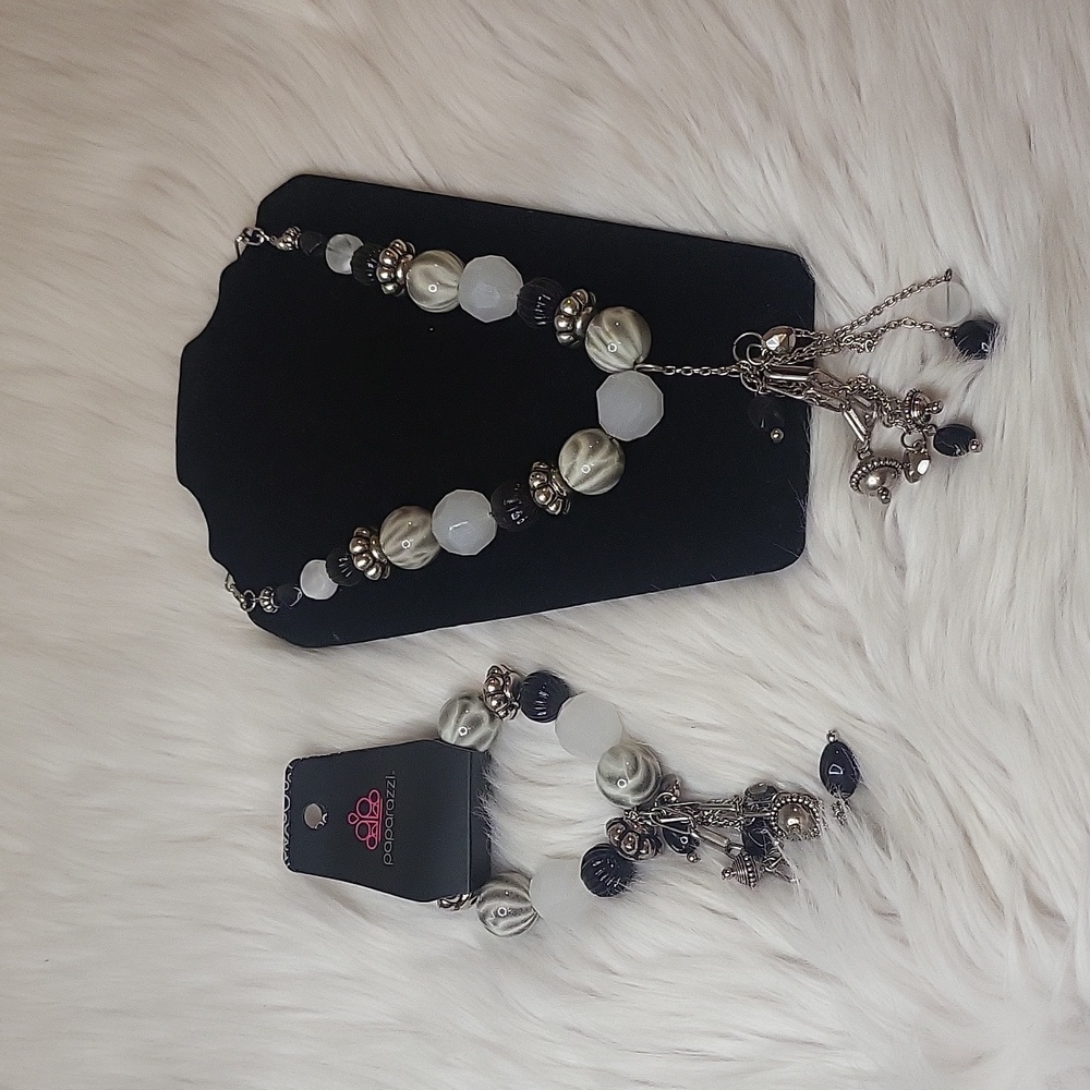 Paparazzi Two Piece Silver and Black Beaded Necklace and Bracelet Set